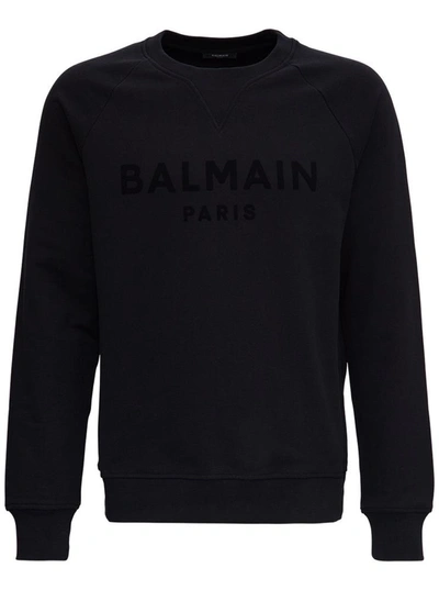 Shop Balmain Cotton Sweatshirt With Tone On Tone Front Logo In Black