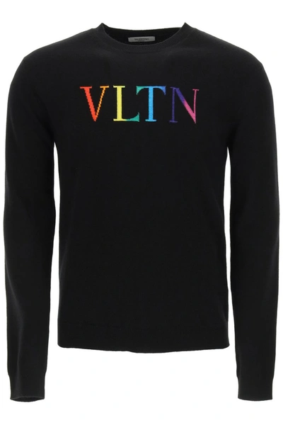 Shop Valentino F12 Cashmere Wool Sweater With Vltn Intarsia In Nero Vltn Multicolors
