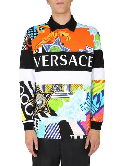 Shop Versace Long Sleeved Polo Shirt In Multicolour