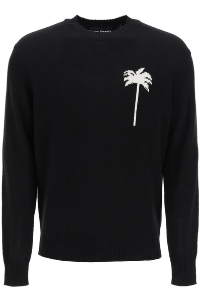 Shop Palm Angels Wool Sweater With Palms In Black White