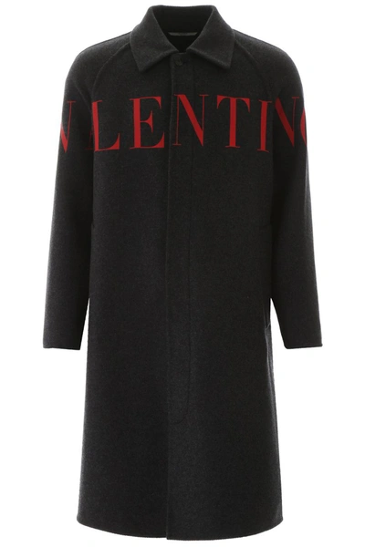 Shop Valentino Logo Coat In Dark Melange Grey