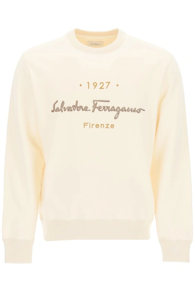 Shop Ferragamo Salvatore  1927 Signature Crewneck Sweatshirt In Beige Khaki