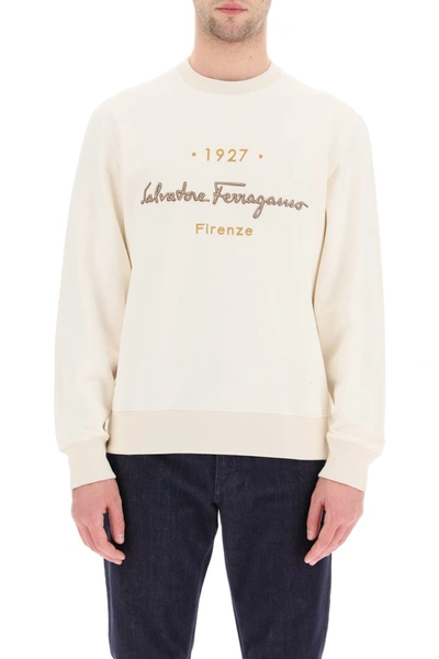 Shop Ferragamo Salvatore  1927 Signature Crewneck Sweatshirt In Beige Khaki