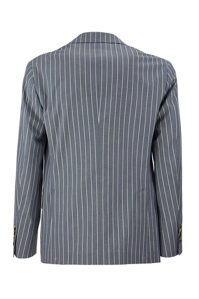 Shop Brunello Cucinelli Comfort Cotton Chalk Stripe Blazer With Large Peak Lapels In Denim