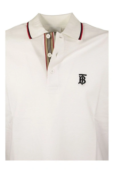 Shop Burberry Walton - Icon Stripe Placket Cotton Piqué Polo Shirt In White