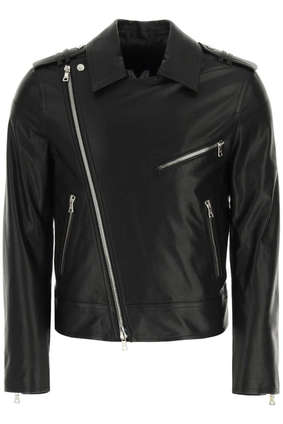Shop Balmain Leather Biker Jacket In Noir
