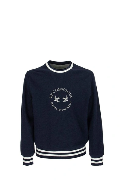 Shop Brunello Cucinelli Techno Cotton French Terry Sweatshirt With Embroidered And Striped Details In Cobalt