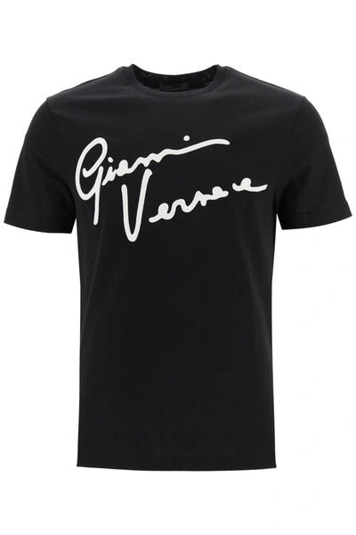 Shop Versace T-shirt With Gv Signature Embroidery In Nero   Bianco