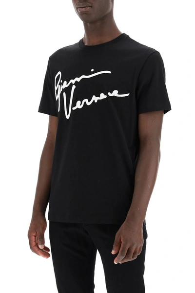 Shop Versace T-shirt With Gv Signature Embroidery In Nero   Bianco
