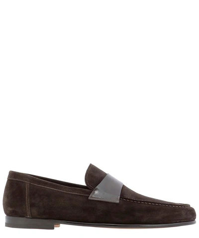 Shop Santoni Suede Loafers With Leather Detail In Brown