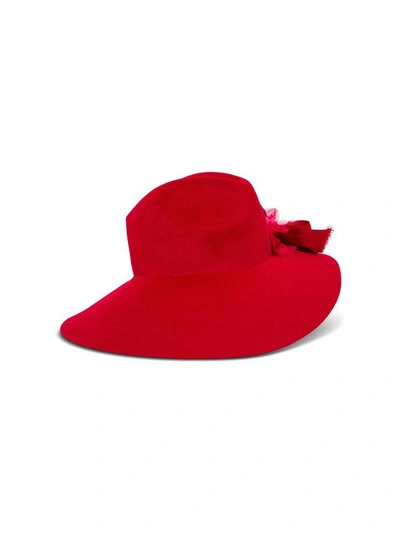 Shop Gucci Asymmetrical Hat With Flower Detail And Side Bow In Red