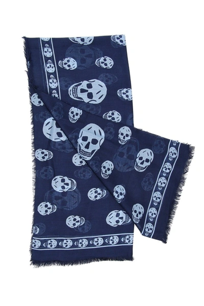 Shop Alexander Mcqueen Skull Scarf In Navy Sky Blue