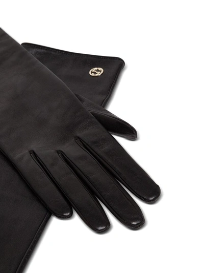 Shop Gucci Black Leather Gloves With Logo
