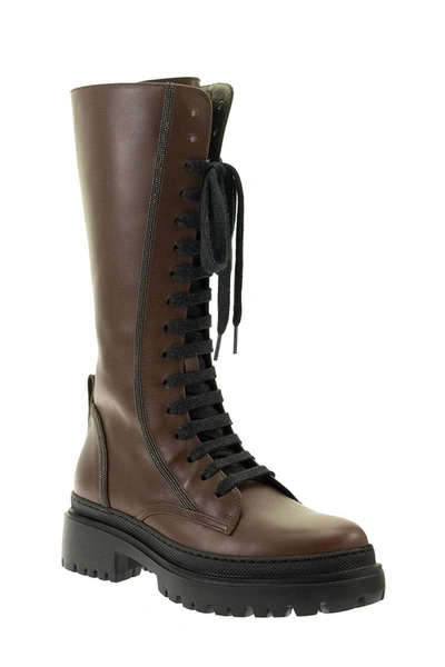 Shop Brunello Cucinelli Riding Calfskin Lace-up Boots With Precious Contour In Rust Brown