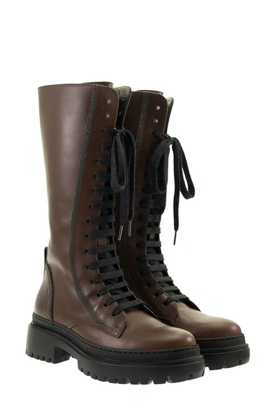 Shop Brunello Cucinelli Riding Calfskin Lace-up Boots With Precious Contour In Rust Brown