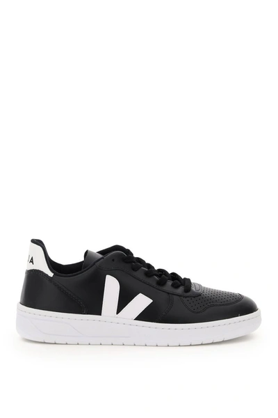 Shop Veja V-10 Leather Sneakers In Black White White Sole