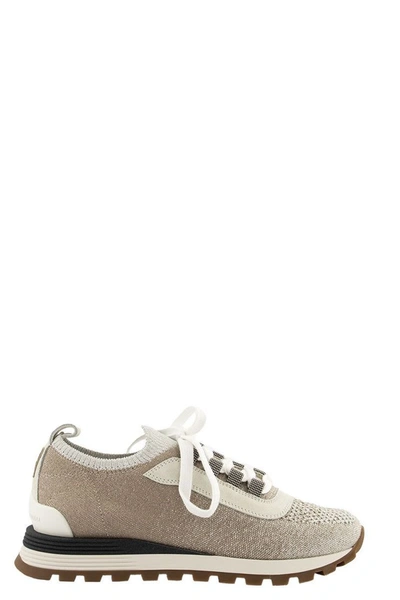 Shop Brunello Cucinelli Sparkling Cotton Knit Sneakers With Precious Eyelets In Natural