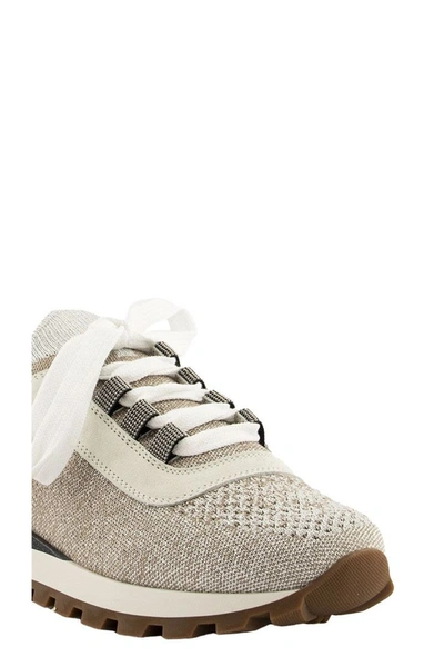 Shop Brunello Cucinelli Sparkling Cotton Knit Sneakers With Precious Eyelets In Natural