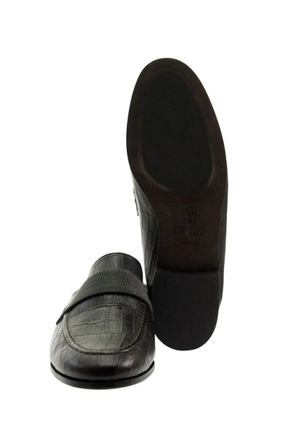 Shop Brunello Cucinelli Embossed Leather Loafers With Precious Band In Brown