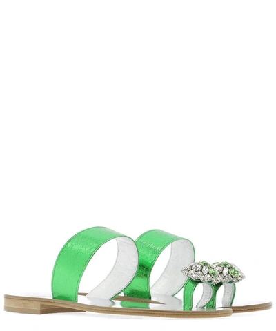 Shop Emanuela Caruso Leather Sandals With Crystals In Green