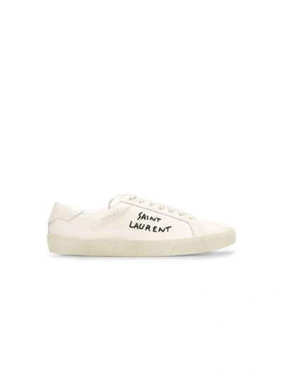Saint Laurent Court Classic Distressed Logo-embroidered Canvas And Leather Sneakers In Bianco