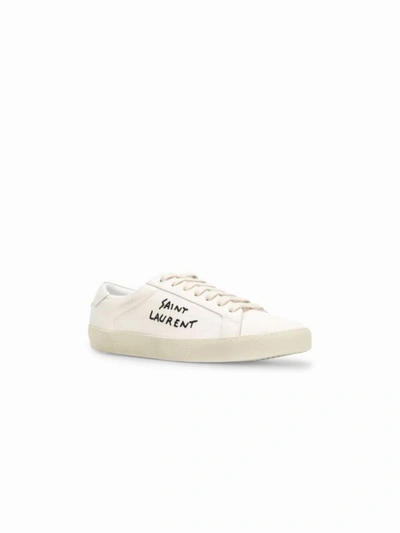 Saint Laurent Court Classic Distressed Logo-embroidered Canvas And Leather Sneakers In Bianco