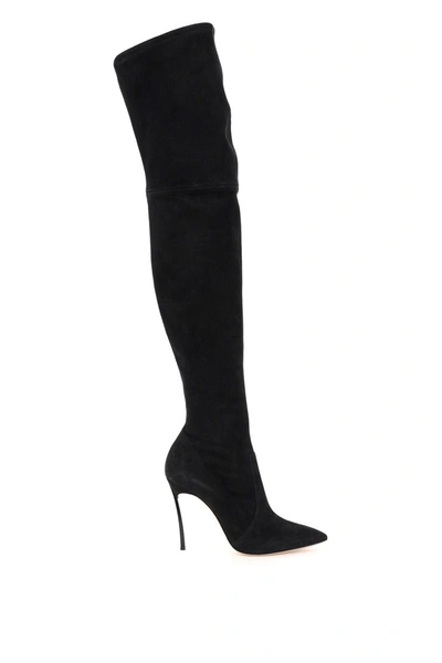 Shop Casadei Blade 100 Over The Knee Suede Boots In Nero