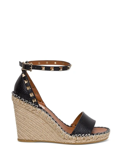 Shop Valentino Rockstud Double Wedge Sandal In Black Leather