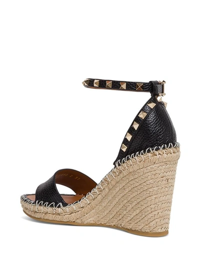 Shop Valentino Rockstud Double Wedge Sandal In Black Leather