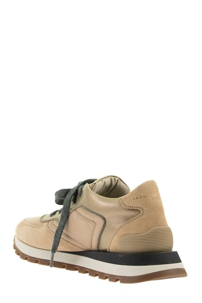 Shop Brunello Cucinelli Sneakers Suede, Nappa Leather And Lamé Nappa Runners With Shiny Contour In Rose Gold