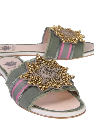 Shop Mr & Mrs Italy Sandals With Embroidered Patch In Military Green