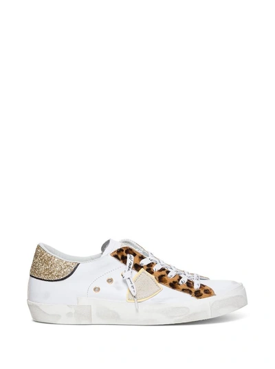 Shop Philippe Model Prsx Low Sneakers With Animalier And Glitter Detail In White