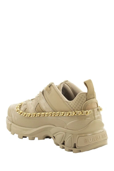 Shop Burberry Chain Detail Suede And Leather Arthur Sneakers In Honey