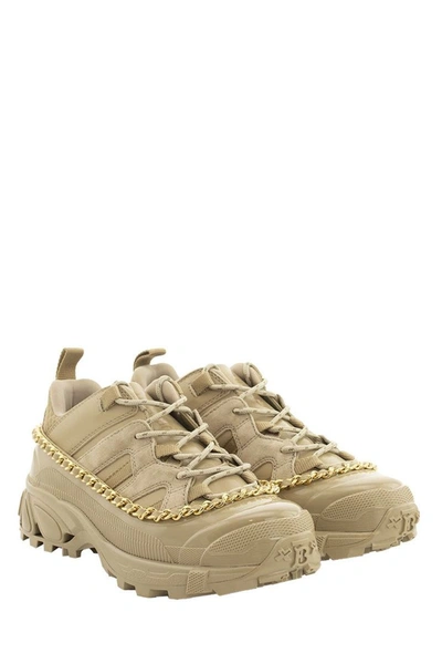 Shop Burberry Chain Detail Suede And Leather Arthur Sneakers In Honey