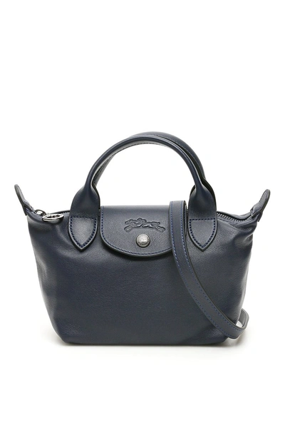 Shop Longchamp Le Pliage Cuir Mini Handbag In Blu Navy