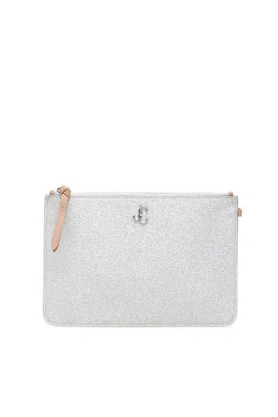 Shop Jimmy Choo Glitter Fara Pouch In Silver