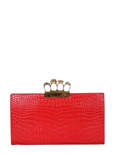 Shop Alexander Mcqueen Skull Four-ring Flat Pouch In Red