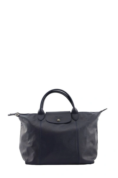 Shop Longchamp Le Pliage Cuir - Top Handle Bag M In Navy