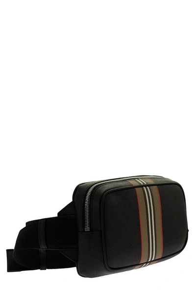 Shop Burberry Icon Stripe Print Grainy Leather Bum Bag In Black