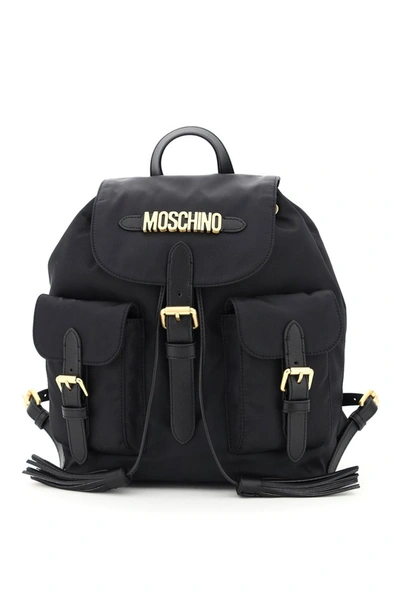 Shop Moschino Fabric Backpack With  Lettering In Fantasia Nero