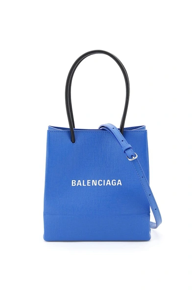 Shop Balenciaga North South Xxs Logo Leather Shopping Bag In Blue