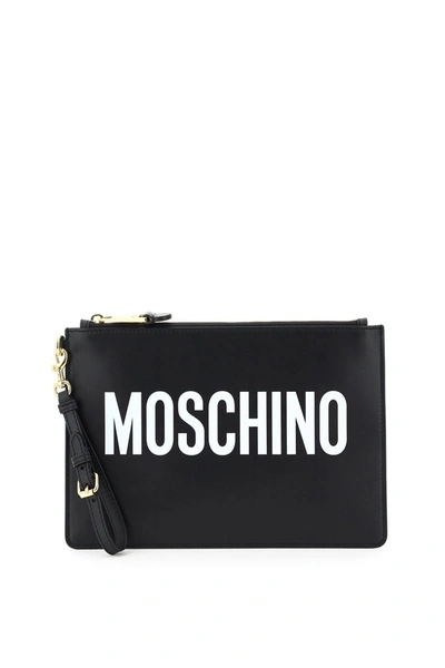 Shop Moschino Logo Print Clutch In Fantasia Nero