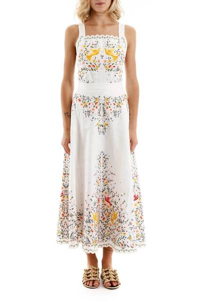 Shop Zimmermann Carnaby Long Dress With Birds Embroideries In Ivory