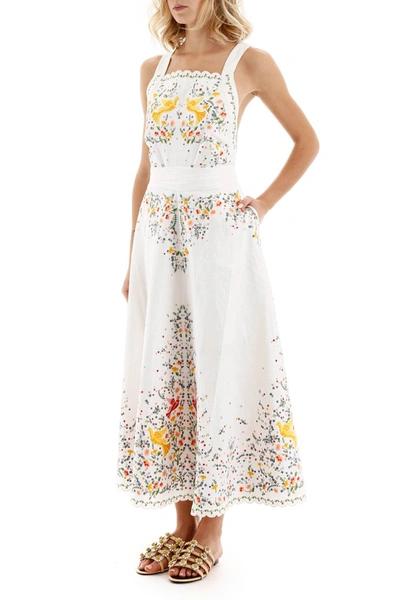 Shop Zimmermann Carnaby Long Dress With Birds Embroideries In Ivory