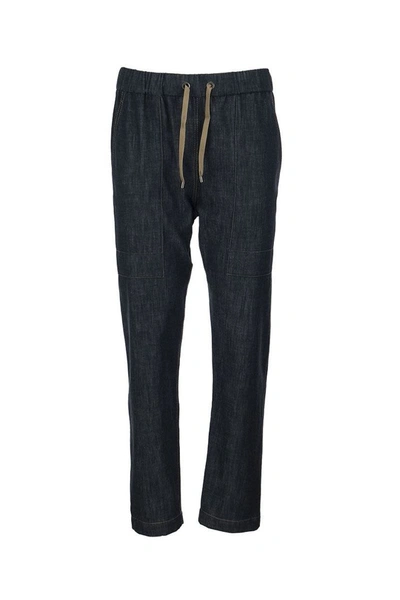Shop Brunello Cucinelli Dark Polished Denim Track Trousers With Shiny Stitch Denim Blue