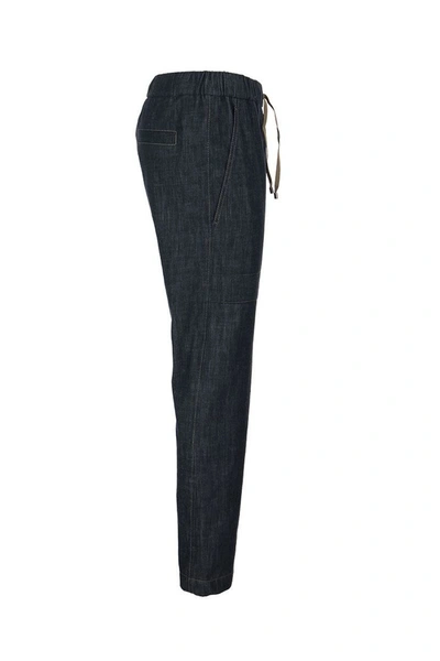 Shop Brunello Cucinelli Dark Polished Denim Track Trousers With Shiny Stitch Denim Blue