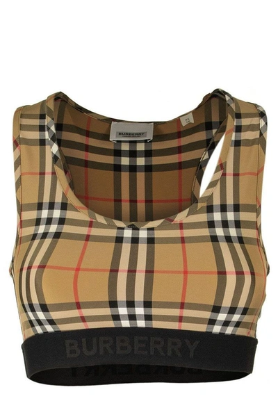 Shop Burberry Dalby Logo Detail Vintage Check Bra Top In Archive Beige