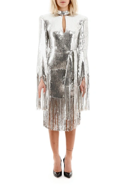 Shop Balmain Sequined Dress With Fringes In Argente