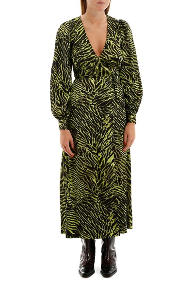 Shop Ganni Zebra-printed Wrap Dress In Lime Black