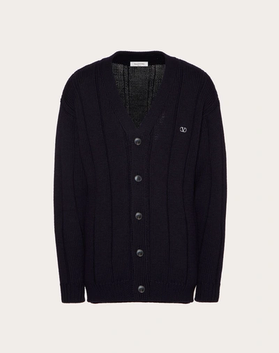 Shop Valentino Uomo Cardigan With Embroidered Vlogo Signature In Navy